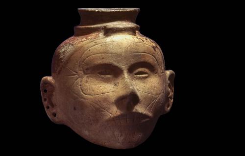 Human head effigy vessel with facial tattoos
